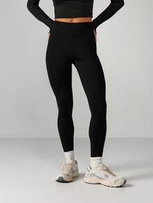 MISSGUIDED High Waisted Seamless Ribbed Waistband Detail Sports Leggings For Yoga Running Gym Workout Training Athletic Activewear Performance - Black - View 1