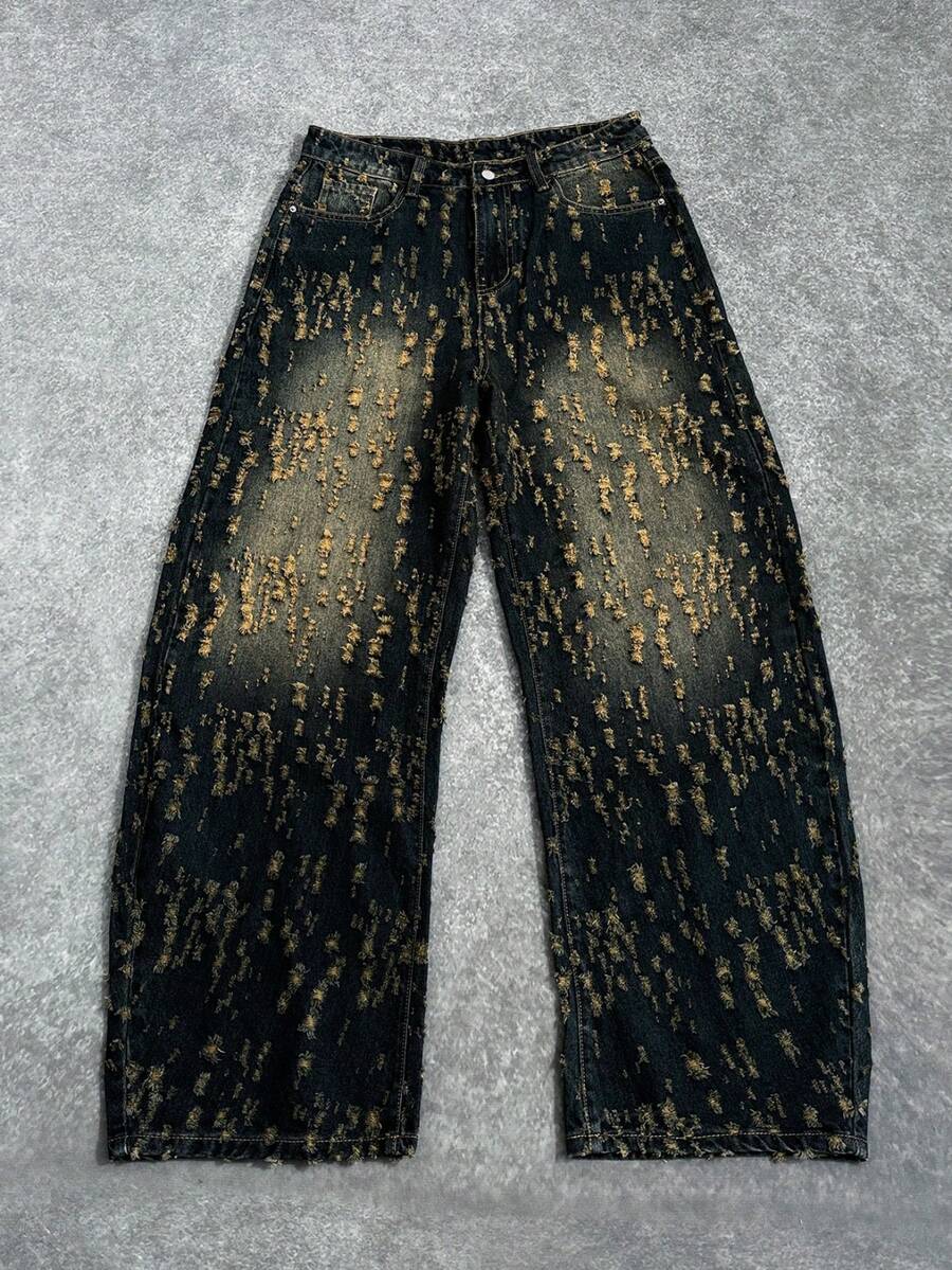 Manfinity EMRG Men's Casual Washed Vintage Distressed Flared Leg Jeans Cheetah Pants Mens Festival Pants Mens Graphic Jeans - Dark Wash - View 1