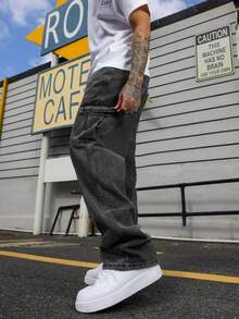 Manfinity EMRG Men's Casual Simple Multi Pocket Denim Jeans, For Daily Wear Going Out Hang Out Hiking Vacation Street - Black - View 5