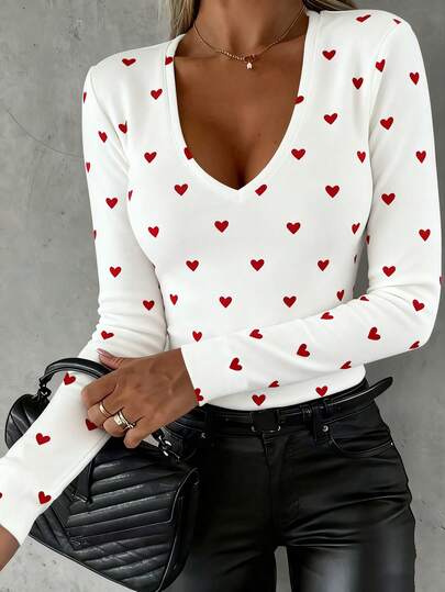 EMERY ROSE Women's Casual Heart Print V-Neck Long Sleeve T-Shirt, Autumn