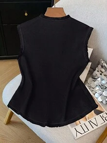 SHEIN PETITE CURVE Plus Size Women Solid Color Fringe Single-Breasted Pocket Vest Jacket - Black - View 2