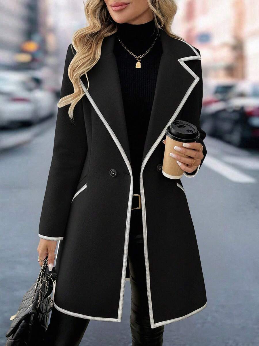 EMERY ROSE Women's Elegant Casual Commuter Black & White Patchwork Long Wool Blend Coat - Black - View 1