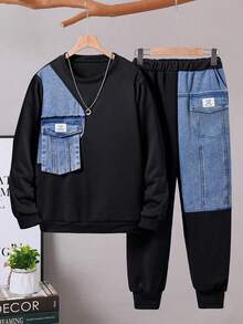 Mirajuku 2pcs Young Boy Casual Fashion Denim Patchwork Crew Neck Sweatshirt And Elastic Waist Jogger Pants Set, Loose Fit, Comfortable, Versatile, Suitable For Autumn, Spring, Winter, Daily Wear, Commute, Outdoor, Sports, School, Streetwear, Party, Photography - Multicolor - View 5