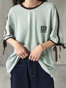 FRIFUL Women's Loose Fit Contrast Color Sporty Biker Style Bow Tie T-Shirt - Blue - View 2