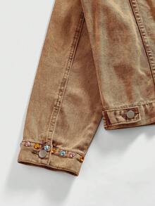 ROMWE MEN Street Life 男士彩色水钻装饰单排扣休闲牛仔夹克 - 薑色 - 查看 4