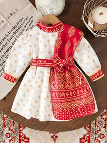 3 件套女婴 0-3 岁优雅传统连衣裙套装，金色波点，圆领纽扣泡泡袖连衣裙 + 撞色披肩 + 腰带，适合所有季节，日常穿着，户外活动，派对。 - 紅白色 - 查看 4