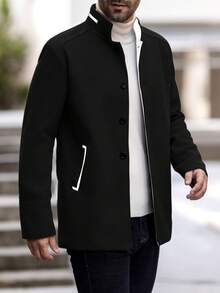 Manfinity Homme Men's Contrast Color Minimalist Casual Long Sleeve Wool Sweater Men Coat Black Jacket For Men Men Outerwear Woolen Jacket Men - Black and White - View 4