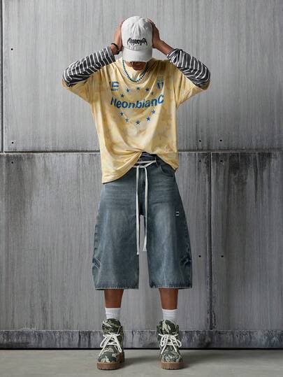 NEON BLANC Men's Graphic T-Shirt, Casual Camouflage Print Patchwork Knit Striped 2 In 1 Long-Sleeved Top