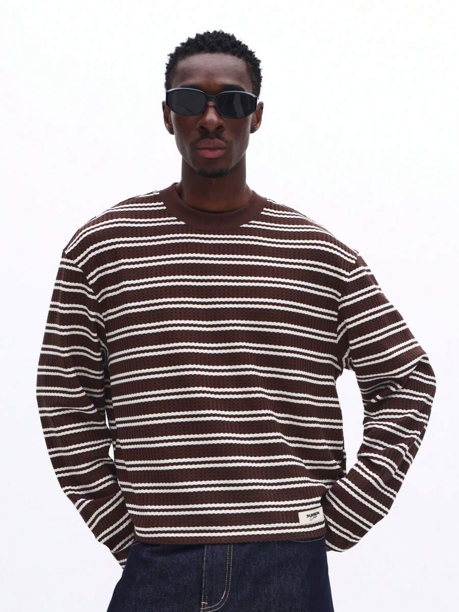 SUMWON Long Sleeve Striped Crew Neck Pullover Sweater For Casual Everyday Wear And Fall Winter Layering - Coffee Brown - View 1