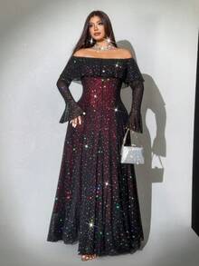 Viva Relle Vestido negro sexy de talla grande con hombros descubiertos y malla con lentejuelas, rojo para fiesta de Navidad - Negro - Ver 4