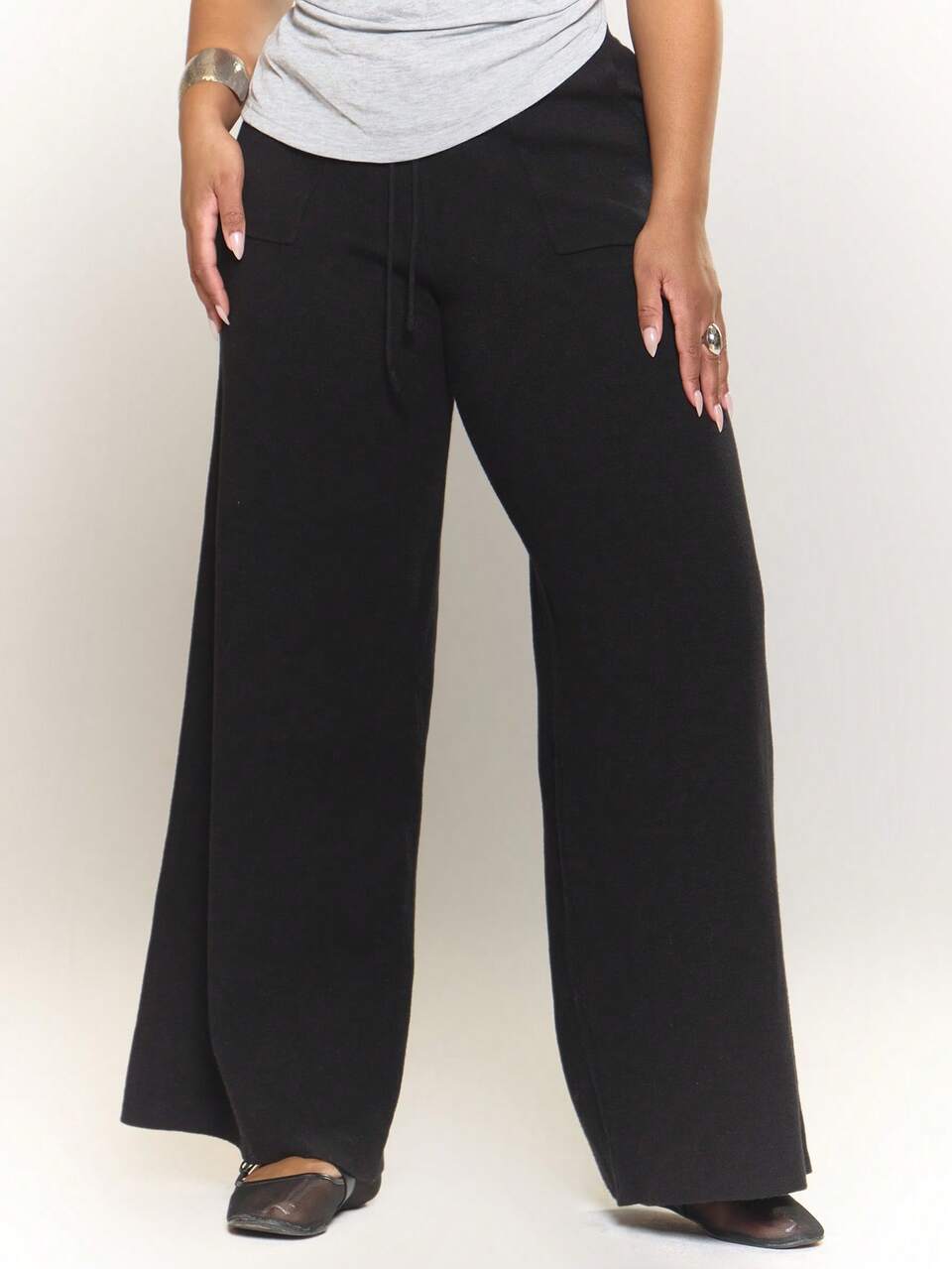 Curve Knitted Large Pocket Detail Tie Waist Wide Leg Trousers Old Money Back To School Everyday Work Office Chic Spring