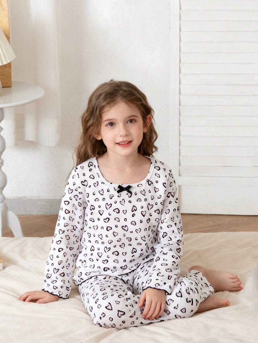 Tween GirlsLeopard Print Lapel Casual Long Sleeve Pajama Set - White - View 1