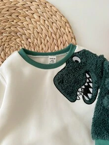 Cute Casual Cartoon Pattern Plush Sweatshirt Set For Baby Boys, Autumn And Winter Style, Dinosaur Cute Animal Element Plush Sweatshirt Set (2-Piece Set), Casual Everyday Sweatshirt Set. - Multicolor - View 4