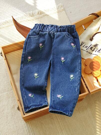 SHEIN Vintaside Kids Baby Girl Floral Embroidered Tapered Jeans, Autumn/Winter 2025