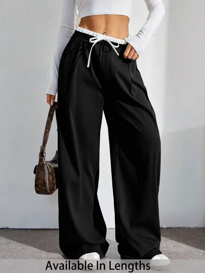 SHEIN Tall CURVE Plus Size Low-Waist, Contrasting Color Waistband, Women's Sports Pants, Wide-Leg Pants, Everyday Casual Style