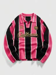 Street Life Men's Retro Collared Football Inspired Knit Sweater, Streetwear Style