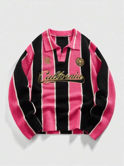 Street Life Men's Retro Collared Football Inspired Knit Sweater, Streetwear Style