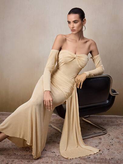 NOVVYNE Women's Off Shoulder Asymmetrical Frill Hem Pleated Twist Knot Hollow Out Tie Bow Neck Flowy Elegant Sexy Dress, Suitable For Evening Date, Party, Christmas, New Year, Teacher's Day, Oktoberfest, Stretchy & Comfortable