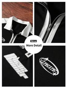 TOKVUE Camisa polo de manga larga con bloqueo de color y estampado de letras casual y holgada para hombres, para el otoño - Negro - Ver 4