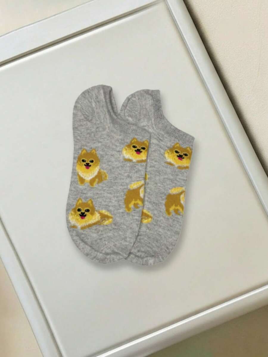 Calcetas de mujer, estilo adorable con estampado de perro, algodón suave, ajuste cómodo, corte bajo, primavera-verano, para uso diario y casual - Gris - Ver 1