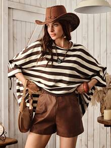 Wildy 休闲乡村条纹女式长袖T恤，宽松版型，日常百搭，秋冬款 - 彩色 - 查看 5