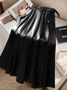 SHEIN PETITE CURVE 大码女式弹力PU皮裙，Elenzga优雅通勤款，配腰带，适合秋冬季节，适合派对、约会、通勤等场合，娇小款 - 黑色 - 查看 8