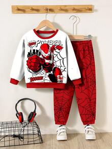 SHEIN 2件套男童宽松休闲卡通动物印花运动风卫衣裤套装，舒适透气，适合夏季穿着 - 彩色 - 查看 2