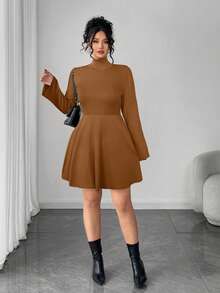 Elenzga Plus Size Women's Autumn/Winter New High Neck Elastic Knit Fitted Elegant Solid Color Dress - Brown - View 5