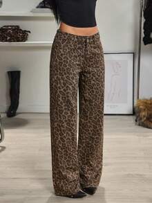 SHEIN Tall Trendiga retro leopardmönstrade raka jeans med låg midja - Multifärgad - Visa 4