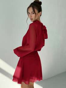 Aloruh Women's Elegant Commuter Solid Color Lantern Sleeve Mini Dress High Neck Dress - Burgundy - View 5