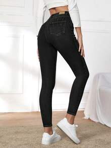 EURMUSE Cotton Zipper Fly Cropped Skinny Jeans - Black - View 1
