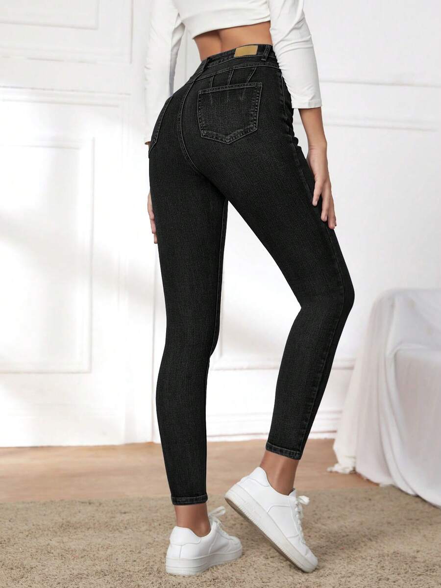 EURMUSE Cotton Zipper Fly Cropped Skinny Jeans - Black - View 1