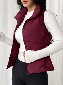 SHEIN EZwear 女士酒红色拉链领休闲羽绒背心外套，圣诞节和情人节外套 - 酒紅色 - 查看 4