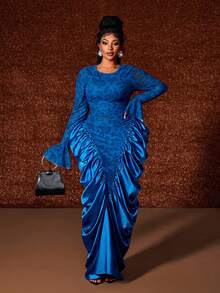 Maweii 大码女式休闲修身圆领长袖连衣裙 - 寶藍色 - 查看 4