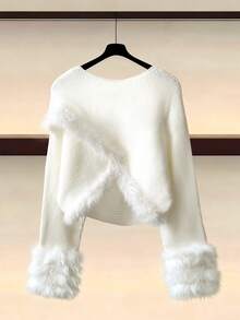 SHEIN Autumn/Winter High-End French Luxurious Faux Fur Patchwork White Knit Sweater, Elegant Short Pullover For Women - White - View 6