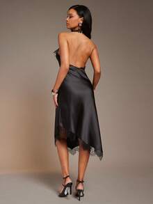 L'Amorae Women's Solid Color Lace Patchwork Simple Daily Backless Halter Dress - Black - View 3