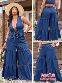 EMERY ROSE Plus Size Loose Fitting Versatile Tiered Denim Pants - Dark Wash - View 1