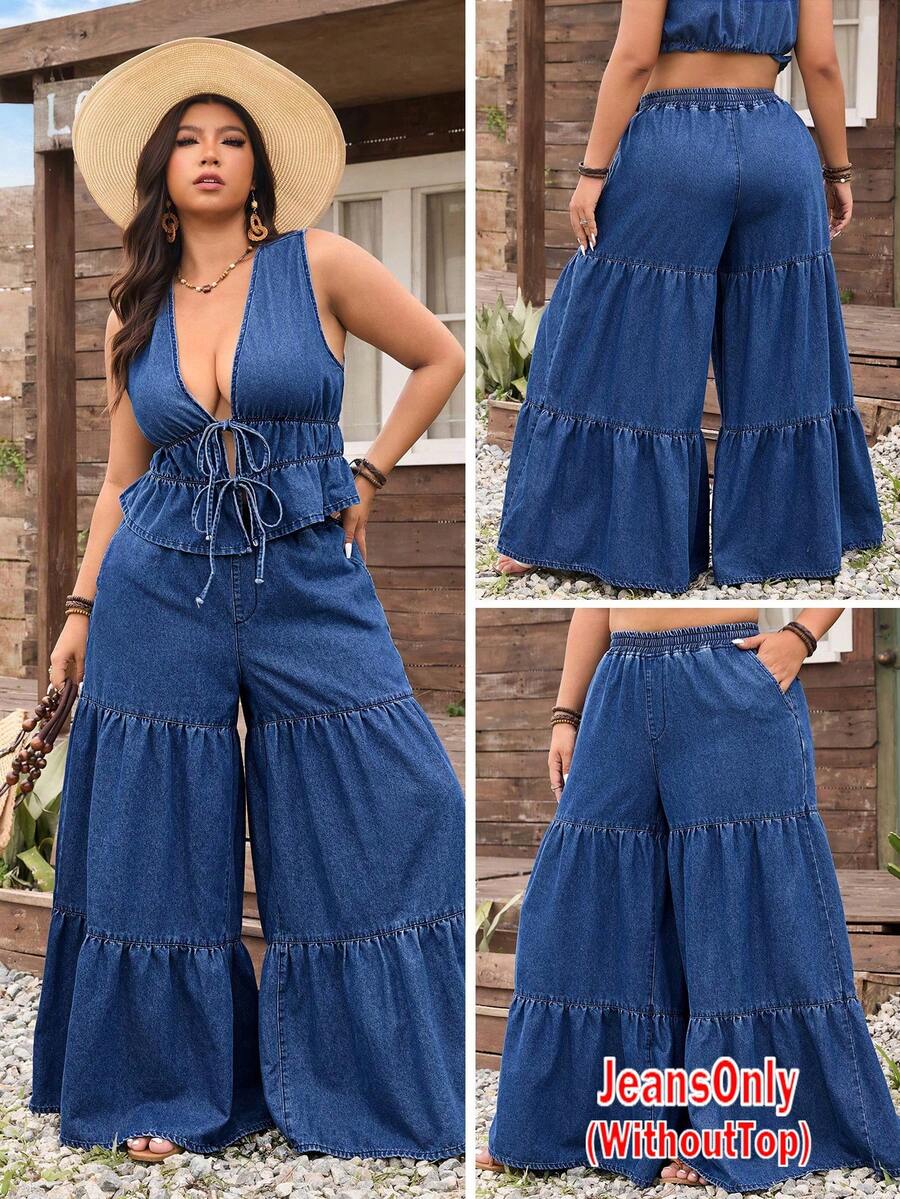 EMERY ROSE Plus Size Loose Fitting Versatile Tiered Denim Pants - Dark Wash - View 1