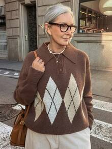 Vivie Lora Áo len họa tiết kim cương chắp vá màu sắc rộng rãi dành cho nữ - màu nâu - Xem 3