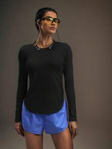 Powerista Casual Solid Color Slim Fit Long Sleeve Athletic T-Shirt - Black - View 6