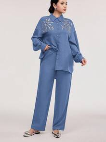 Veilorie 2件套 女士休闲亮片刺绣衬衫和裤子套装 - 藍色 - 查看 4