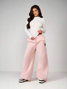 Missguided x Playboy Bunny Logo Long Sleeve Crew Neck Casual Comfort Top With Pink Print Detail Cozy Winter Pullover - Grey - View 3