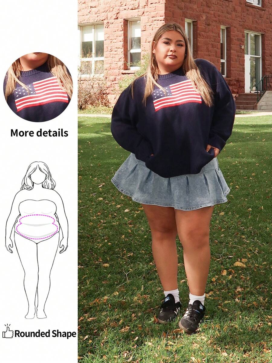 Enliva Plus Size Crew Neck Long Sleeve USA Flag Print Sweater, For ...