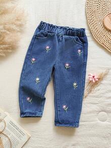 SHEIN Vintaside Kids Baby Girl Floral Embroidered Tapered Jeans, Autumn/Winter 2025 - Blue - View 4