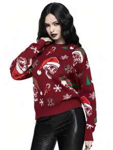 ROMWE Goth 深色骷髅与圣诞花环印花套头衫 - 紅色 - 查看 3