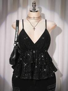 SHEIN ICON 大码女式纯色亮片荷叶边优雅时尚吊带衫 - 黑色 - 查看 8