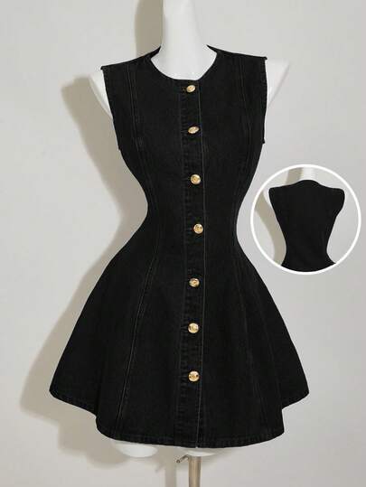 SHEIN MOD Vestido mini ajustado sin mangas de mezclilla azul para mujer