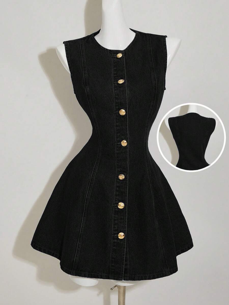 SHEIN MOD Women's Denim Sleeveless Bodycon Mini Dress, Blue - Black - View 1