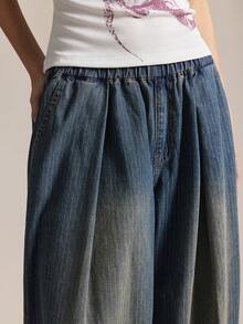 Easelle Quần jean ống rộng sọc xanh giặt thường ngày cho nữ - Rửa tối - Xem 7