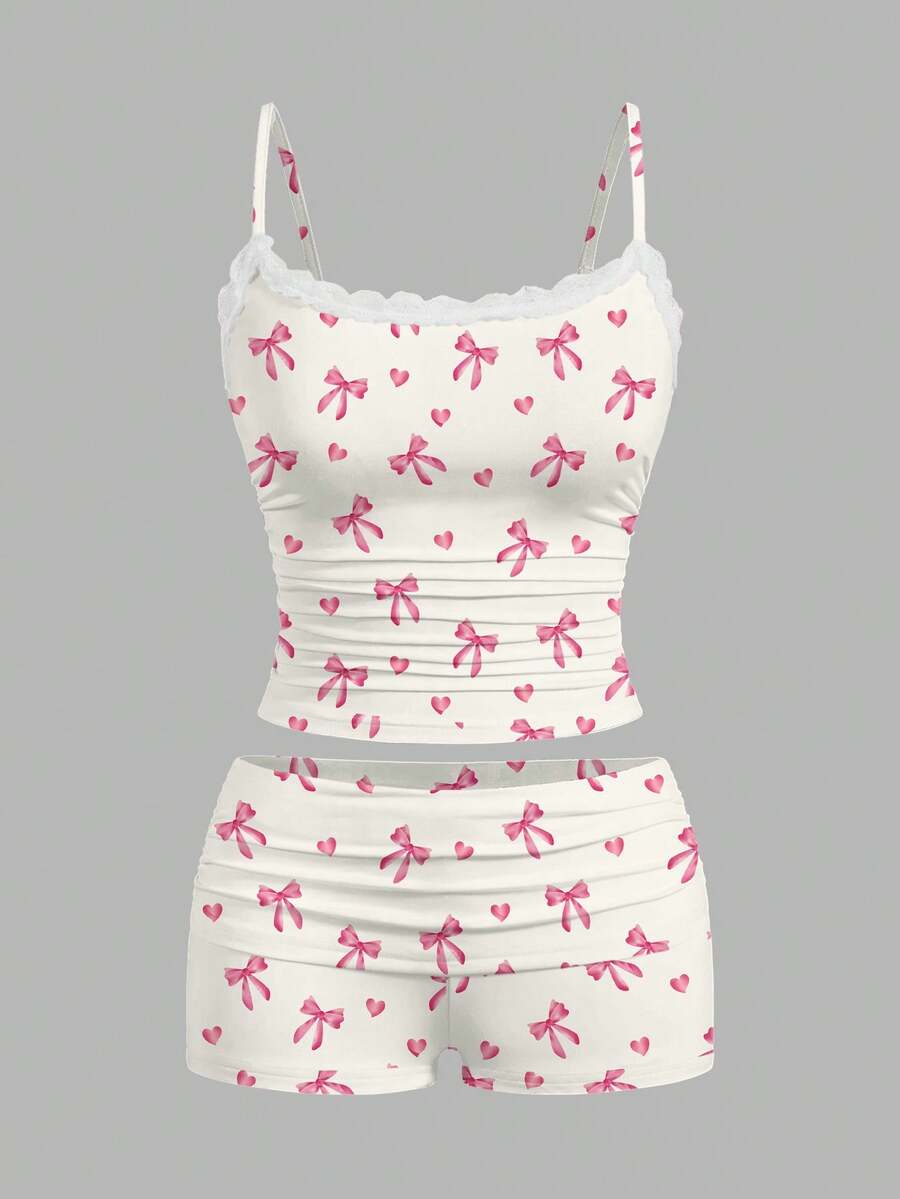 SHEIN Essnce Y2K休闲复古可爱性感百搭派对机场套装，粉色蝴蝶结爱心印花图案，舒适蕾丝吊带背心和褶皱短裤两件套，适合秋冬季节穿着。 - 彩色 - 查看 1